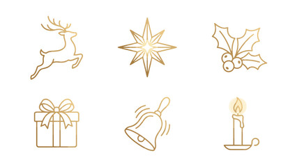 Obraz premium Minimalist Golden Christmas Vector Icon Set featuring Reindeer Star Holly Gift Bell and Candle Line Art Design