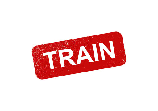Red rubber stamp with the word train inside a rectangular frame with a grunge texture effect for industrial transport and travel documentation and marking