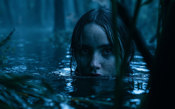 Young woman emerges from dark lake water at night in mysterious swamp forest. Wet female face with sad look looks out of murky pond during gloomy twilight.
