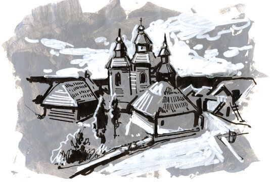 Hand-drawn watercolor and ink illustration of a snow-covered historic church and village surrounded by winter landscape, featuring traditional rooftops, snow-covered trees, and dramatic mountains