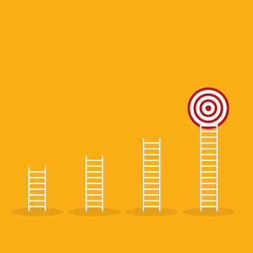 Business Success Ladder Reaching Bullseye Target, Growth Strategy and Achievement Concept