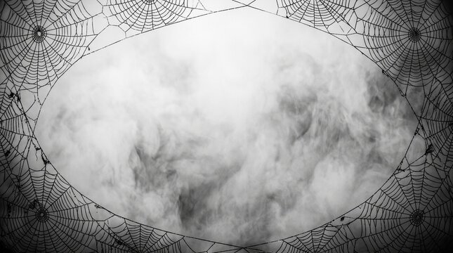 Scary spider webs are framing a foggy background in this halloween themed banner