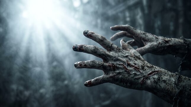 Zombie hands rising in dark Halloween night.