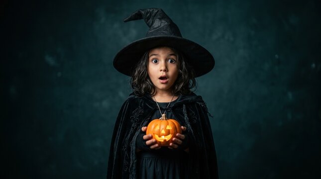 Portrait of kid wearing witch halloween costume with pumpkin made with Generative AI