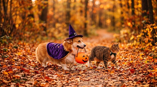 cute corgi dog in fancy black hat and striped cat sitting in autumn park with pumpkin for halloween