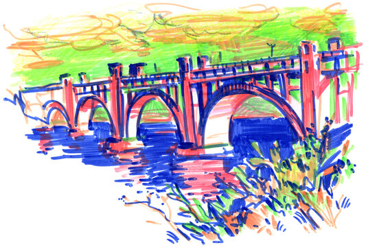 Colorful hand-drawn illustration of a historic arched bridge over a river, featuring bold marker strokes, reflections on the water, green vegetation, and a bright expressive sky