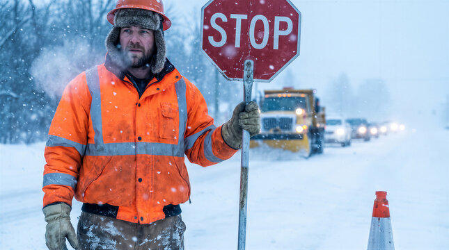 Construction worker holding a stop sign on a snowy road during a winter storm with traffic in the background