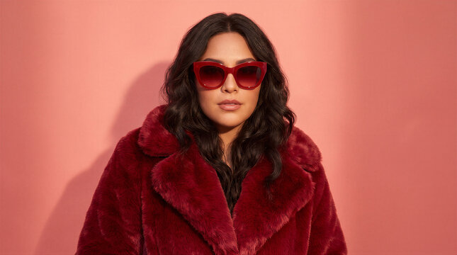 A stylish woman with dark wavy hair wearing a deep red faux fur coat and matching red sunglasses against a pink background