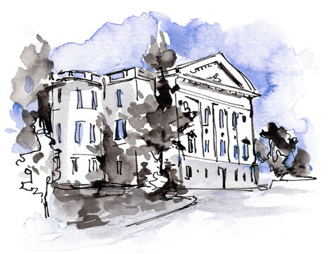 Hand-drawn watercolor illustration of a historic European building with classical architecture, surrounded by trees and urban greenery, featuring expressive ink lines and a soft blue sky.