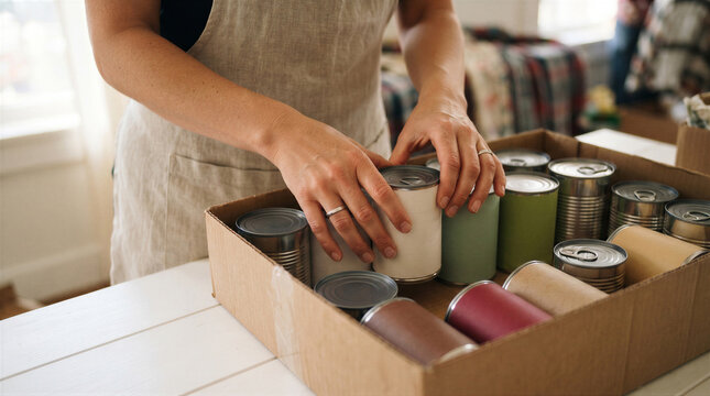 Person packing a cardboard box with various canned goods for a food drive or donation