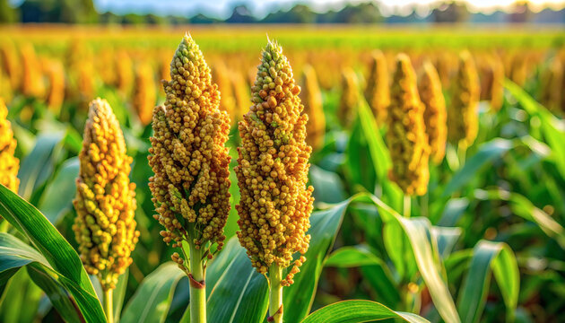 Sorghum crop field showing golden ripe grain heads growing in a large agricultural farm during a warm sunny afternoon