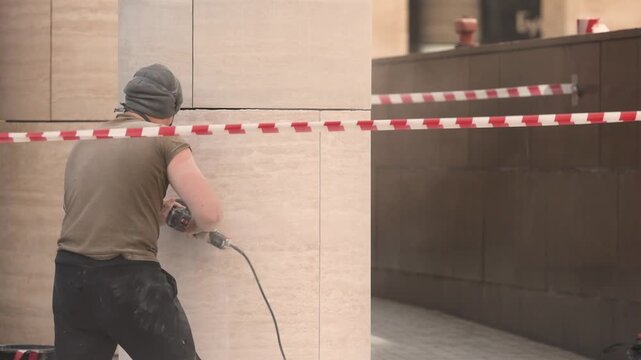 Construction worker in grey beanie grinding polished marble stone column with electric power tool, red and white caution tape crossing the foreground, dusty urban facade construction site backdrop
