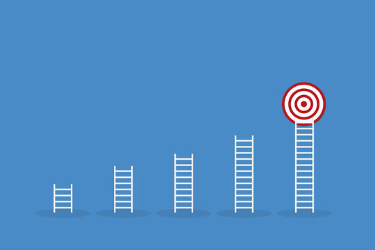Strategic Progress Ladder Reaching Bullseye, Goal Setting and Business Achievement Concept