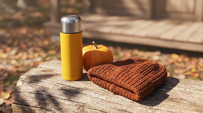 Yellow thermos, orange pumpkin, and brown knitted blanket on wooden log in autumn outdoor setting