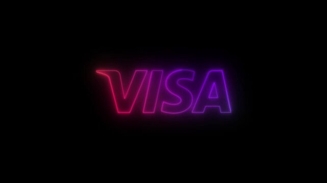 Neon Visa logo animation with glowing pink and purple light. Financial payment method icon on black background. Digital banking and credit card concept.