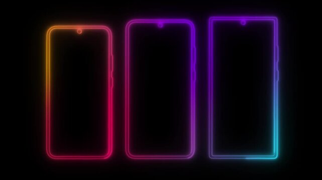 Neon smartphone outlines with glowing gradient colors. Futuristic mobile phone wireframes on black background. Digital device silhouettes for tech UI design.
