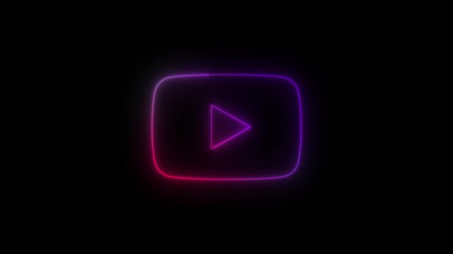 Neon play button icon with glowing pink and purple gradients. Vibrant social media video symbol. Electric digital media interface element on black.