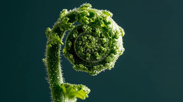 Macro detail of a green fern fiddlehead unfurling.