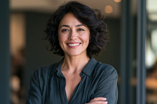 Professional headshot of a confident middle-aged woman with dark wavy hair smiling at the camera in a modern office, portraying leadership, success, corporate diversity, and a friendly approachable