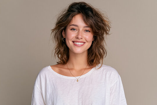 A friendly young woman with messy shoulder length brown hair and a bright smile wearing a plain white t-shirt and gold necklace against a neutral tan background, professional headshot for corporate