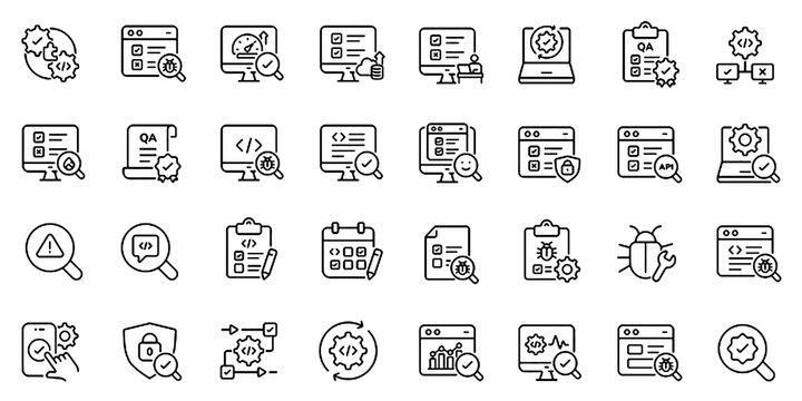 Software Testing and Quality Assurance Icon Set with Bug Tracking, Test Automation, Validation, Regression Debugging and Editable Stroke Vector Illustration.