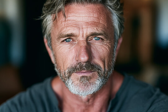 Close-up portrait of a mature Caucasian man with blue eyes and graying hair, looking directly at the camera with a serious expression for corporate professional headshot or lifestyle commercial