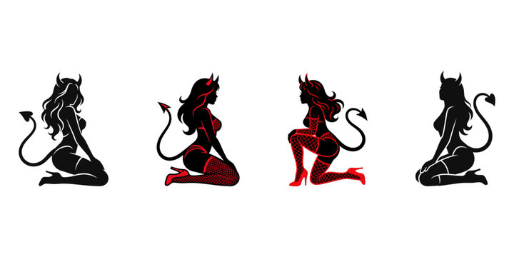 Sexy devil girl silhouettes in various poses with horns and tail for provocative Halloween and adult party themes.