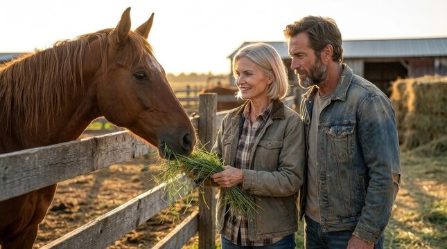 Senior Couple Feeding Horse over Wooden Fence at Sunset on Farm