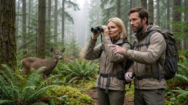 Hikers Observing Wild Deer through Binoculars in Misty Forest