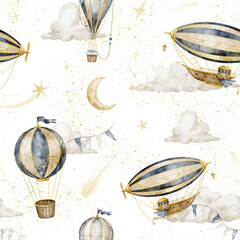 Airship seamless watercolor pattern with balloons isolated on background. Vintage celestial repeat for fabric, wallpaper, wrapping paper and nursery textiles. © Alisles