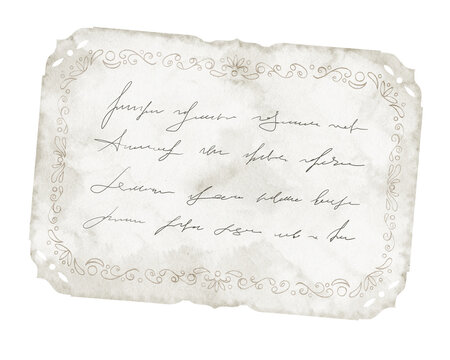 Watercolor lace paper card with handwritten text vintage stationery. Decorative antique note paper with ornamental border and soft paper texture. Elegant design element for invitations and greetings.