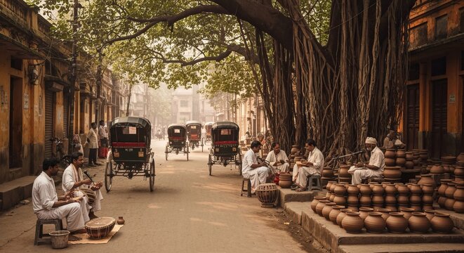 West Bengal, Kolkata lane with Baul singers and clay potters, rickshaws and poets under banyan shade