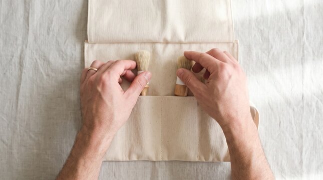 Hands carefully tucking wooden handled cleaning brushes into the pockets of a natural canvas tool roll