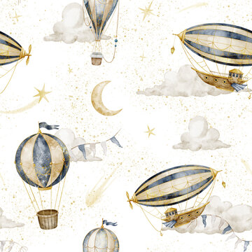 Airship seamless watercolor pattern with balloons isolated on background. Vintage celestial repeat for fabric, wallpaper, wrapping paper and nursery textiles.