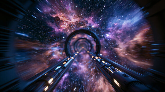 Futuristic Space Travel Warp Tunnel Through Galaxy Nebula