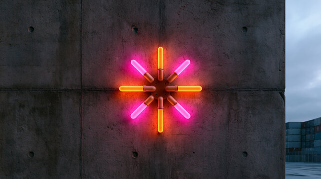 Glowing Starburst Neon Light on Concrete Urban Wall