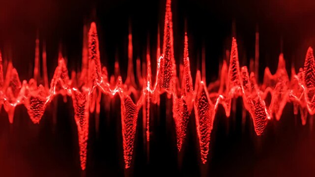 Red digital sound wave pulse on black background
