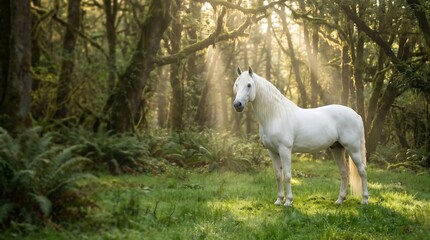 Fototapeta premium White horse standing in forest with golden sunlight