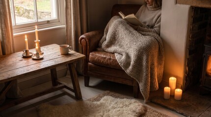 Fototapeta premium Cozy Woman Reading Book in Armchair by Fireplace. Concept of hygge atmosphere, winter mood, cozy interior, cozy sweater.