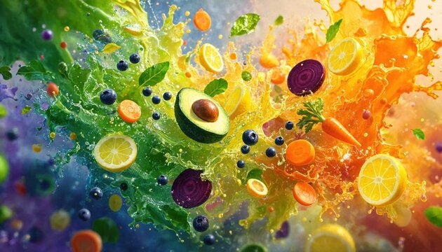 Vibrant Splash of Fresh Juice with Flying Fruits Vegetables and Berries. Concept of smoothie splash, fruit splash, healthy food.