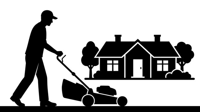 Black silhouette vector illustration depicting man mowing green garden grass lawn
