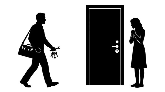 Professional locksmith silhouette walking toward woman standing by entrance door