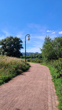 Winding park path with lamppost and distant city skyline under blue summer sky
