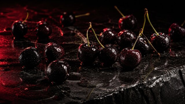 Fresh Sweet Cherries with Water Drops on Dark Marble Surface. Concept of cherry, fresh cherry, sweet cherry, ripe cherry, dark background. Copy space.