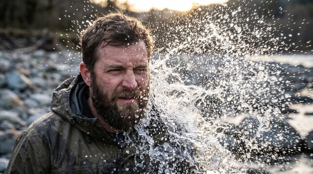Man Getting Water Splashed in Face Outdoors. Concept of water splash, splash in face, water splashing, face splash, refreshing water.