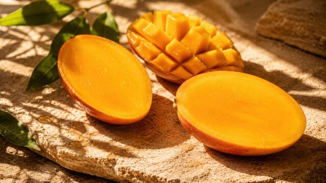 Fresh Ripe Mango Slices on Stone Surface with Tropical Leaves and Sunlight Shadows. Concept of fresh fruit, sliced mango, tropical fruit. Copy space.