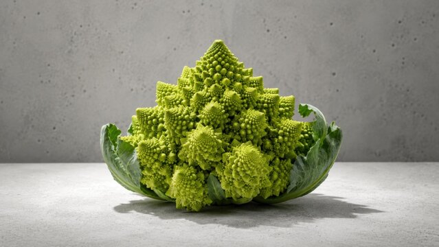 Fresh Romanesco Broccoli Head on Gray Table. Concept of romanesco cabbage, fresh vegetable, healthy food, raw cabbage. Copy space.