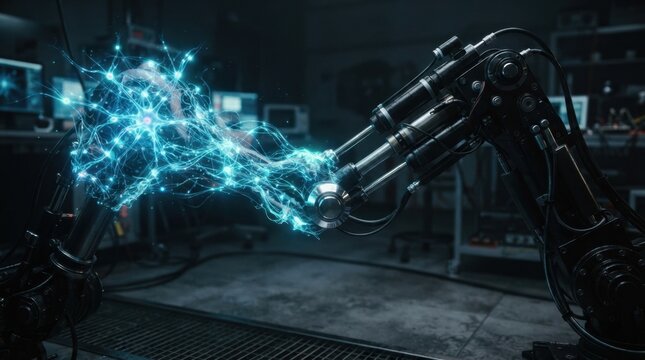 Glowing neural network forming a robotic arm with actuator rods, sensor rings, and chrome joints in a dark laboratory