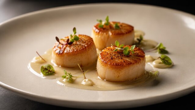 Seared Sea Scallops Fine Dining Gourmet Appetizer Plate. Concept of gourmet food, seafood. Copy space.