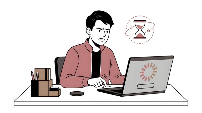 Frustrated angry man waiting for slow laptop loading process and system lag at office desk